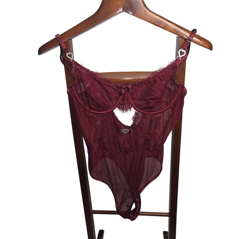 Burgundy Wine Mesh & Lace Underwire Bodysuit Heart Hardware Accent